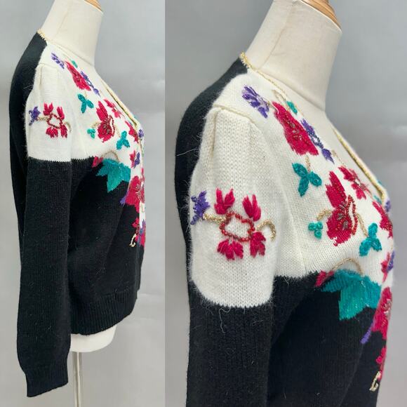 Vintage Jaclyn Smith Floral Embroidered Sweater Bold 80s Statement Size Large - Picture 3 of 16